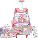 Meetbelify Rollrucksack für Mädchen, Rucksack mit Rollen für Grundschüler, Kinder, Schultasche mit Lunchbox, Federmäppchen für Mädchen im Alter von 6–8 Jahren, Lila