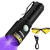 Alonefire X901UV 10W 365nm UV Taschenlampe Tragbar USB Aufladbar Schwarzlicht Taschenlampe Haustier Urin Detektor für Harzhärtung, Angeln, Bernstein, Skorpion mit Gafas Protectoras UV, Batterie