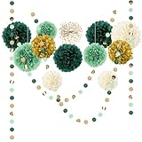 NICROLANDEE Seidenpapier Pompons Deko 15 Stück, Waldgrün Tissue Papier Pom Poms und Dots Papier Girlande, Party Dekorationen für Hochzeit, Babyparty Deko, Abschlussball, Geburtstag, Gartenparty deko