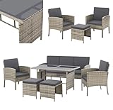 Juskys Polyrattan Gartenmöbel Sitzgruppe Turin Set 6 teilig - 7 Personen - Outdoor Möbel mit Sessel, Hocker, Tisch & Kissen - Garten Loungemöbel Grau