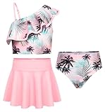 GRACE KARIN Mädchen Dreiteiliger Tankini mit Rock Rüschen Badeanzug Kinder Bikini Set Rosa Palme 12 Jahre