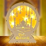 TOPJOWGA Holz Ramadan Deko Lampe, Ramadan Dekoration Laterne, Eid Ramadan Lampe, Eid Mubarak Laterne Mond Stern Dekoration, Batteriebetrieben Islam Festival Lichter Ramadan Dekoration (Eid Mubarak)