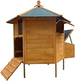 Melko Hühnerstall 6-Eck Hühnervoliere Pavillion, aus Holz, 131 x 125 cm, braun mit grüner Dachpappe, inkl. Rampe + 2 Hühnerstangen + Nestbox