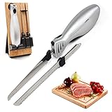 FISHTEC Elektrisches Küchenmesser Easy Cut Plus - Mit Ladegerät und Holzständer - 2 Klingen - Ergonomisches Küchenmesser - Ideal zum Schneiden von Brot, Fleisch, Obst, Gemüse - Grau