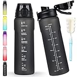 CodiCile Wasserflasche 1L, Sport Wasserflasche mit Strohhalm und Trinkanschlussdeckel, Zwei Wege zu trinken, auslaufsichere Wasserflasche, BPA-freie Trinkflasche für Fitnessstudio, Büro, Schwarz