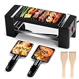 HengBO Raclette 2 Personen 350W - Raclette Grill Antihaft Beschichtung Grillpfanne mit 2 Mini Raclette Pfännchen und 2 Holzspatel Raklettgerät, Paare & Familien für 2 Personen