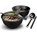 2-Sätze (6-teilig) Kunststoff japanische Ramen Suppenschüssel, 1300ml/35 Oz große Nudelschale Set für Suppe, Salat, Reis-Nudelschalen mit passenden Löffeln, Essstäbchen, Geschirrspüler sicher