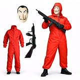FASCHINFEVER Haus des Geldes Kostüm Set - 3 in 1 Set - mit Dali Maske, Overall rot Unisex, Gewehr Aufblasbar für Halloween, Fasching als Verkleidung für Herren & Damen (160-180cm)