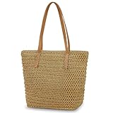 Aucuu Strohtasche, Strandtasche Damen, Stroh Handtasche mit Ledergriffe und Reißverschluss, Groß Schultertasche Umhängetasche für Urlaub Reisen Strand Sommer