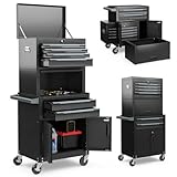 Werkzeugwagen mit Rollen, automatisch verschließbarer Werkzeugwagen aus Metall mit 6 Schubladen, Universalrädern, robuster Werkzeugkasten, Organizerwagen (3-in-1, Schwarz)