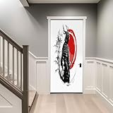 Weiß Türtapete Selbstklebend TürPoster, Japanischer Samurai Roter Sonnen Bambus Türfolie Fototapete PVC Wasserfest Türaufkleber Wandtattoo Für Wohnzimmer Tür Dekoration Stickers, 90 x 200 cm