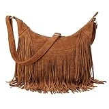 Sunwel Fashion Damen-Hobo-Tasche mit Fransen, Western-Geldbörse, Umhängetasche, veganes Wildleder, Quaste, Hippie-Umhängetasche, Braun