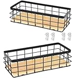 Drahtkorb,Metallkorb, Metall Badezimmer Aufbewahrungskorb, Schwarz Dekokörbe, Haushalt Wandkorb, Korb Metall Abnehmbarer Holzsockel für Küche Speisekammer, Obst Snacks(2 Stück)