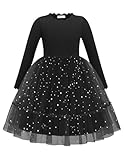 Arshiner Mädchen Kleider Tüll Glitzer Langarmkleid Kinder Faltenkragen A-Linie Partykleid Festliche Herbst Winter Freizeitkleid für Mädchen 6-7 Jahre Schwarz