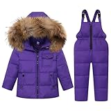 Kinder Schneeanzug Daunenjacke mit Kaputze + Schneelatzhose, Winter Bekleidungsset Jungen Mädchen Winterjacke und Daunenhose 2pcs Outfit Set, Violett 4-5 Jahre