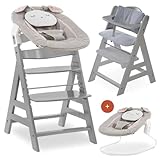 Hauck Hochstuhl Alpha Plus Newborn Set mit Bouncer Powder Bunny - Holz Hochstuhl ab Geburt mit Sitzauflage und Neugeborenenaufsatz - Grau Beige