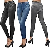 ShopINess Slim Damen-Jeggings Leggings aus Stretch-Jeans Blau, Grau, Schwarz, 3er-Pack, Mehrfarbig, L/XL