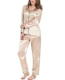 SWOMOG Pyjama Damen Satin Lang Button Down Schlafanzug Silk Nachtwäsche mit Knopfleiste Zweiteiliger Seide Pjs Sets Frauen Loungewear Champagner