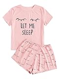 Haloumoning Mädchen Schlafanzüge Sommer Niedliche Shorts Set Bequem Kurzarm Cartoon bedrucktes Pyjama Set T-Shirt und Kurze Hose Set, Rosa, 10-12 Jahre