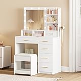 Hzuaneri Schminktisch mit 10 LED-Lichtkugeln, 3 Farben, Schminktisch mit Stecker Und Großem Spiegel, Hocker Und Haartrocknerhalter, Dressing Table mit Mehreren Schubladen, Weiß DT39003X