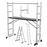 Gimisgu Gerüst, 4 in 1 Alu Multifunktionsleiter 6+6 Stufen, Mobile Mehrzweckleiter mit Plattform und 2 Räder, Arbeitsgerüst, Arbeitsbühne, Belastbar bis max. 150 Kg, Silber