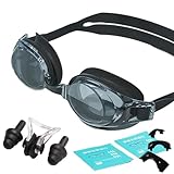 HSTWODE 1Stück Optische Schwimmbrille mit Sehstärke -1,5 bis -9,0, Anti-Beschlag-UV-Schutz, Einteilige Schwimmbrille mit Ohrstöpsel, für Herren und Damen (Schwarz, -9,0)