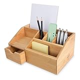 Thingles Bambuswerk Schreibtisch-Organisator aus Holz mit Schublade - Stiftebox, Schreibtischablage - Büro-Organisation, Ablage, Stiftehalter aus Bambus für Schreibtisch, Home-Office