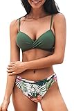 CUPSHE Damen Bikini Set Push Up Crossover Bikini Bademode Blumenmuster Zweiteiliger Badeanzug Swimsuit Salbeigrün L