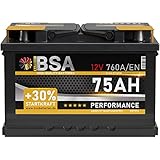 BSA Autobatterie 75Ah 12V 760A/EN +30% Startleistung Starterbatterie Batterie ersetzt 74Ah 70Ah 72Ah 77Ah, für PKW