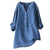 Damen Sommer Loose Fit Leinen Gaze Tops Stehkragen Solide Crinkle Gaze 2024 Shirts Coole Langarm 3/4 Ärmel Oversized Button Down Tuniken zum Tragen mit Leggings Boho Partykleid, blau, Large