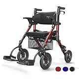 VOCIC 2 in 1 Rollstuhl Rollator Faltbar und Leicht mit Sitz,Outdoor Gummireifen für Allen Gelände,Leichtgewicht Rollatoren mit Netztasche,Aluminium Gehhilfer Transport-Stuhl,Rot (5 Jahre Garantie)