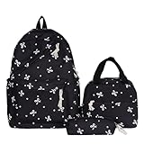 Rucksack Damen Laptop Tasche Großkapazität Schulrucksack Set mit Schleifenmuster für Mädchen 3-teilig bestehend aus Rucksack Lunch-Tasche und Federmäppchen aus Polyester Black