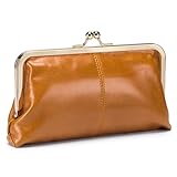 Karoukee Echtleder Große Geldbörse für Frauen, Vintage Damen Kuss-Schloss Portemonnaie, Elegante Handy Geldbeutel mit Reißverschluss Münzfach, Goldene Hardware, Orange