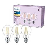 Philips classic A60 LED Lampe, 60 Watt, klar, E27 Sockel, 2700 K warmweißes Licht, 3er Pack