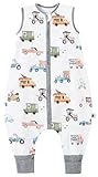 Chilsuessy Baby Sommerschlafsack mit Füßen 0.5 Tog Kleine Kinder Schlafsack mit Beinen Unwattiert 100% Baumwolle Schlafstrampler für Jungen und Mädchen, Bunte Autos, 80cm/Baby Höhe 90-100cm