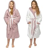 CalmyLIFE Bademantel Kinder Mädchen Jungen - mit Wendefunktion und Kapuze Teenager kuschelige Bademäntel für Jungs Kinderbademantel (158/164 Altrose/Weiss)