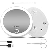 Suupvaor Taschenvergrößerungsspiegel mit Licht 30X, beleuchteter Reisespiegel mit 30-facher Vergrößerung, wiederaufladbarer dimmender Kosmetikspiegel mit Licht, 4 Zoll LED Kompaktspiegel