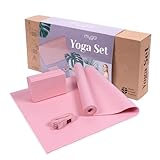 Myga Yoga Starter Kit | Komplettes Set mit Yogamatte, Yogablock & Gurt | rutschfest & Unterstützend | Ideal für Anfänger & Zuhause sowie Reisen | Rosa
