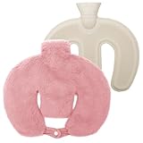 CEWROM Nackenwärmflasche mit Bezug Öffnung an der Oberseite lindert Nacken, 1L U-Förmige Wärmflasche Nacken Schulter für Wärme Komfort, Auslaufsicher Flauschig Bettflasche für Frauen (Rosa)
