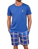 Jahetuul Herren Pyjama Schlafanzug Kurz Schlafhose Karomuster Pyjamaset für Männer Sommer Nachtwäsche Größe XL Blau