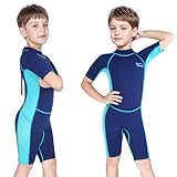 Yikayin Neoprenanzug Kinder Kurz, 2.5mm Neopren Shorty für Jungen Mädchen, Thermo UV Schwimmanzug Rückenreißverschluss zum Schwimmkurs, Tauchen, Surfen, Schnorcheln - Blau L