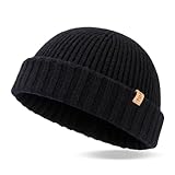 TOP-EX XL/XXL 100% Merino Wolle Fisherman Beanie Trawler Beanie Herren Damen Wintermuetze Strickmuetze Schwarz M/L