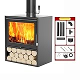 Gusseisen Holzofen 15 Kw, Wohnzimmer Heizkamin, Panorama-echtfeuer-ofenheizung, Neuer Robuster Stahlofen mit mit Glas Versiegelt und Rauchfrei für Kleines Haus/Landvilla