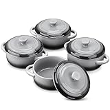 LOVECASA 380 ml Auflaufförmchen aus Steinzeug, 4 teilige Souffle Förmchen mit Deckel, Mini Cocotte, Kleine Auflaufform, Steinzeug mit Griffen zum Backen, Souffle, Innendurchmesser 11 cm