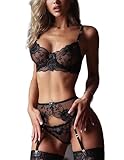 NewBull Damen Sexy Strapsen Dessous-Sets 3-Teilige Unterwäsche Set Transparent Spitze Straps Gürtel mit 4 Halter Verstellbar Bügel BH Lace Tanga Rose Schleifen Strumpfhalter (Schwarz, S)