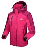donhobo Jacken Damen Outdoorjacke Wasserdicht Windjacke Leicht Wanderjacke Atmungsaktiv Funktionsjacke Softshell Übergangsjacke mit Kapuze (Rose Rot, L)
