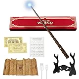 CJBIN Zauberstab Hermine Granger, Hermine Zauberstab mit Licht, USB Aufladung Hermine Granger Zauberstab, Zauberstab Hermine Stab in Geschenkbox mit Karte, Stationsticket, Landkarte, und Halter
