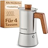 Cosumy Espressokocher Induktion für alle Herdarten geeignet 4 Tassen - Mokkakanne Edelstahl & FSC Eichenholz - Extra Silikondichtung - 200ml