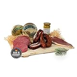 Schwarzwald Metzgerei Geschenkkorb – im Leinentäschle – 8-teiliger Präsentkorb mit leckeren & herzhaften Wurstspezialitäten wie Schinken, Landjäger, Kirschwassersalami, Schinkenwurst