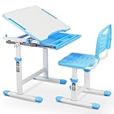 MAMIZO Kinderschreibtisch Stuhl Höhenverstellbar, Kindertisch Stuhl Set mit neigbarer Tischplatte,Schreibtisch Kinder Mädchen & Jungs, Jugendschreibtisch mit Schublade (Blau)